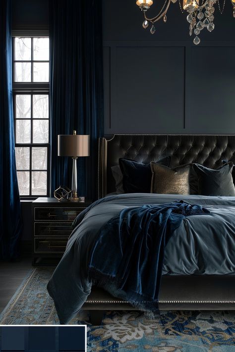 Dark Blue And Black Bedroom, Moody Blue Room, Black And Navy Bedroom, Color Drenched Bedroom, Blue Master Bedrooms Decor, Seductive Bedroom Ideas, Deep Blue Bedroom, Moody Blue Bedroom, Dark Blue Bedroom Ideas