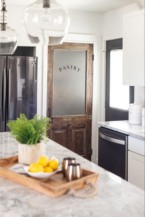 Pantry Doors Rustic, Antique Doors In House Pantry, Frosted Door Pantry, Old Door Pantry, Glazed Pantry Door, Diy Glass Pantry Door, Antique Pantry, Old Pantry Door Ideas, Old Pantry Door