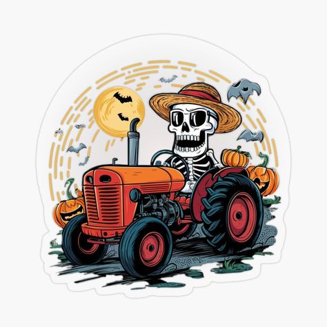 Get my art printed on awesome products. Support me at Redbubble #RBandME: https://www.redbubble.com/i/sticker/Halloween-Skeleton-Farmer-on-Tractor-by-HouserMain/163313783.O9UDB?asc=u Cool Skeleton, Red Tractor, Plastic Stickers, Halloween Skeleton, Halloween School, Halloween Stickers, Halloween Skeletons, Life Style, Tractor