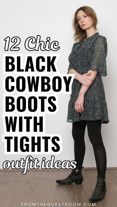 Cowgirl Boots Black Women, Cowboy Boots Outfit Leggings, Black Western Boots Outfit Winter, Cowboy Boots Outfit Work, Black Dress Cowboy Boots Outfit, Style Black Cowboy Boots, How To Style Cowboy Boots Women, Black Dress And Cowboy Boots, How To Style Cowgirl Boots