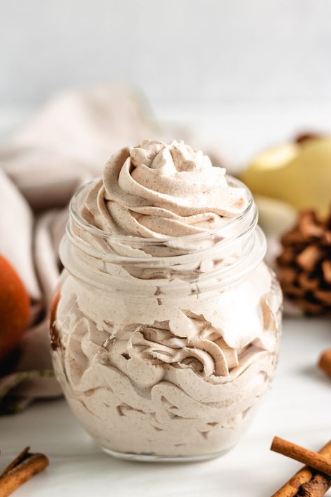 A light airy classic with a seasonal spin, add a dollop of this Pumpkin Spice Whipped Cream to all of your favorite fall treats! Whether you make it specially for a Thanksgiving dessert or to enjoy on some late night ice cream, this recipe is the epitome of festive freshness. Late Night Ice Cream, Spiced Whipped Cream, Flavored Whipped Cream, Pumpkin Delight, Apple Cinnamon Bread, Recipes With Whipping Cream, Dessert Toppings, Delicious Donuts, Cinnamon Bread