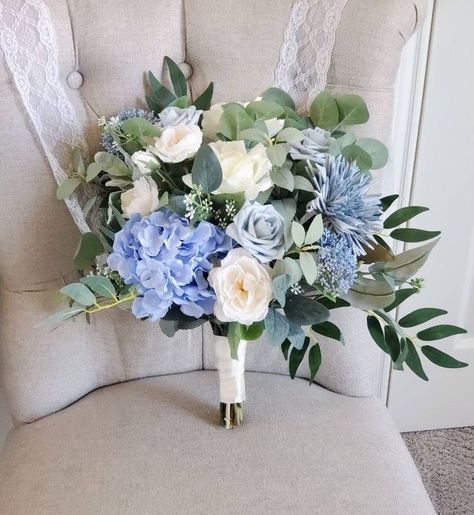 Blue Hydrangea Bridal Bouquet, Bridal Bouquet Ivory, Light Blue Hydrangea, Hydrangea Bridal Bouquet, Blue Hydrangea Wedding, Prom Bouquet, Baby Blue Weddings, Greenery Wedding Bouquet, Bridal Bouquet Blue