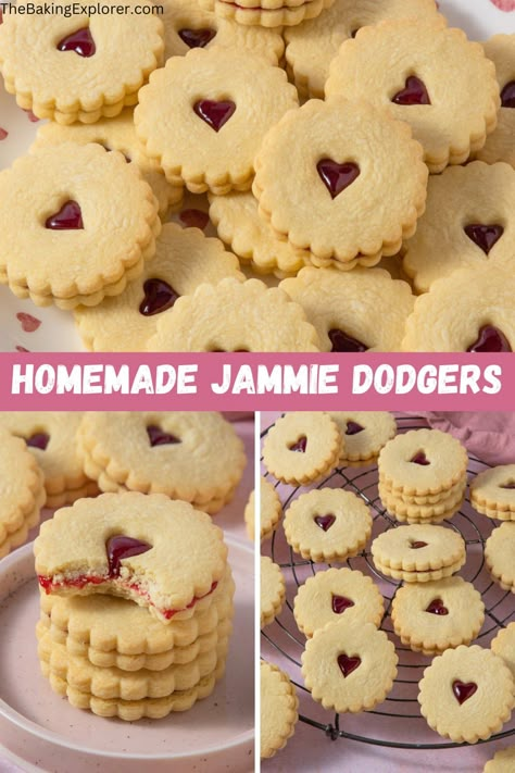 Recipe for Homemade Jammie Dodgers - buttery jam sandwich biscuits with heart cut outs, and raspberry jam filling #biscuits #thebakingexplorer #jamsandwichbiscuits #sandwichcookies #jammiedodgers Sandwich Biscuits Recipe, Jammie Dodgers Recipe, Jammy Dodgers Recipe, Jam Biscuits Recipe, Jammy Biscuits, Jam Cookies Recipe, Biscuits Ideas, Jam Biscuits, Family Recipies