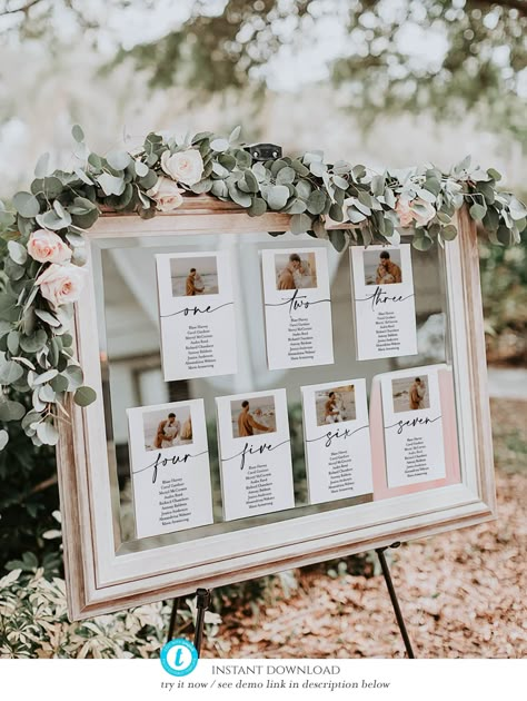 Elegant Wedding Seating Chart Ideas, Wedding Seating Chart With Photos, Setting Plan Boda, Elegant Seating Chart Wedding, Mirror Table Seating Chart, Table Seating Chart Ideas, Large Seating Chart Wedding, Find Your Seat Wedding Ideas, Wedding Seating Plan Ideas