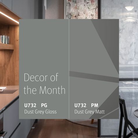 Our November Decor of the Month, U732 Dust Grey in PerfectSense, can be sleek in a high gloss finish, or a sophisticated, with an ultra matte texture. The contrast of these two textures in the same space creates elegance and drama, as seen in this modern kitchen. The neutral tones of Dust Grey allow it to pair well with a variety of colors and texture, including woodgrains like H1180 ST37 Natural Halifax Oak. Halifax Oak Kitchen, Egger Wardrobes, Cashmere Grey Egger, Olive Egger Rooster, November Decor, Olive Egger, Ultra Modern Kitchen, Matte Texture, Perfect Sense