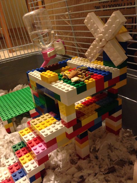 Lego themed hamster cage Hamster Cage Ideas Bin Cages, Bin Hamster Cage, Themed Hamster Cages, Large Hamster Cages, Fancy Mouse, Ikea Detolf Hamster Cage Natural, Rat Toys, Rat Cage, Hamster Care