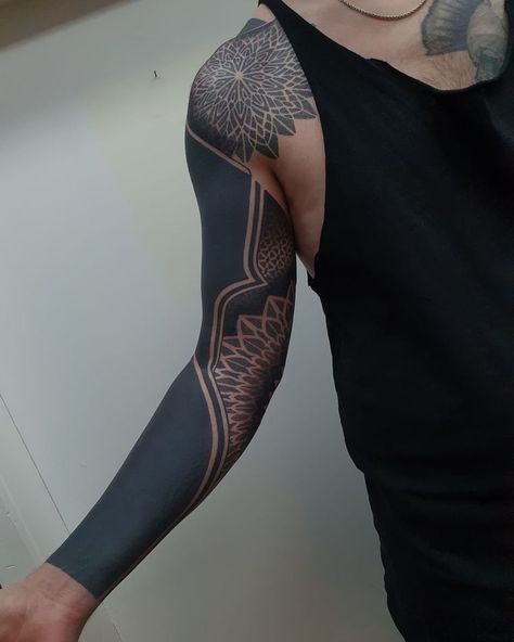 Black Out Arm Tattoo, Blackwork Cover Up Tattoo, Black Cover Up Tattoo, Black Work Sleeve Tattoo, Blackout Tattoo Design, Traditional Tattoo Cover Up, Left Tattoo, Simon Tattoo, Black Traditional Tattoo