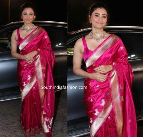 Pink Banarasi Blouse Designs, Hot Pink Banarasi Saree, Pink Banarsi Saree Look, Pink Silk Saree Look, Pink Banarasi Saree Blouse Design, Blouse Design For Banarasi Saree, New Silk Saree Collections, Banarasi Saree Blouse Designs Latest, Banarasi Saree Look