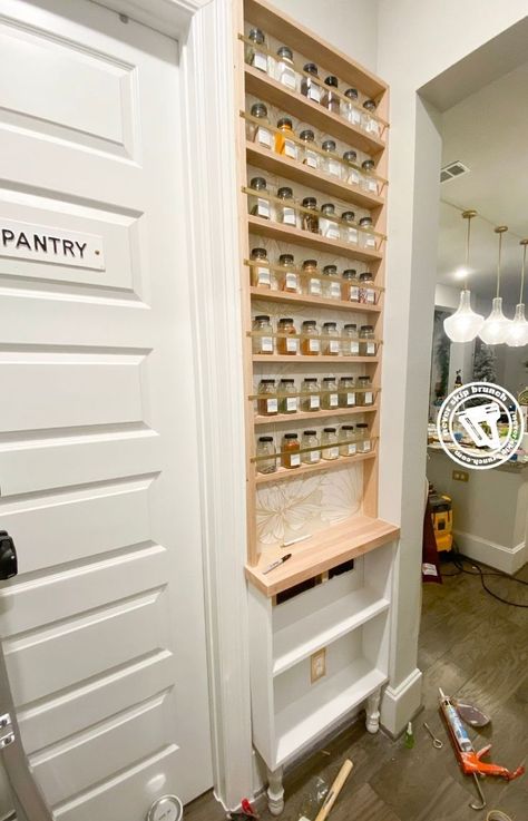 Wall Spice Storage, Spice Organization Wall, Pull Out Spice Rack Cabinet Diy, Spice Wall Organization, Pull Out Spice Rack Next To Fridge, Spice Shop Design Ideas, Homemade Spice Rack, Spice Wall Rack, Spice Rack Diy