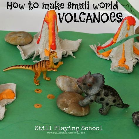 How to make homemade small world volcanoes from Still Playing School Egg Carton Dinosaur, Dinosaurs Activities, Dinosaurs Eyfs, Dinosaur Stomp, Classroom Structure, Egg Activities, Dinosaur Crafts Kids, Dinosaur Small World, Dinosaur Ideas