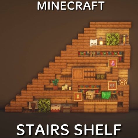 𝗠𝗶𝗻𝗲𝗰𝗿𝗮𝗳𝘁 𝗕𝘂𝗶𝗹𝗱𝘀 & 𝗜𝗻𝘀𝗽𝗶𝗿𝗮𝘁𝗶𝗼𝗻 on Instagram: “Follow @minecraftbuild.tips! Would you rebuild this Minecraft stairs shelf? 🤔💭 Built by @letsgo_minecraft! 🌿 Checkout my YouTube more!…” Minecraft Stair Design Ideas, Minecraft House Stairs Ideas, Minecraft Houses Stairs, Minecraft Wall Shelf Ideas, Stairs Idea Minecraft, Shelf Design Minecraft, Minecraft Bookcase Ideas, Minecraft Build Ideas Interior, Cute Minecraft Basement Ideas