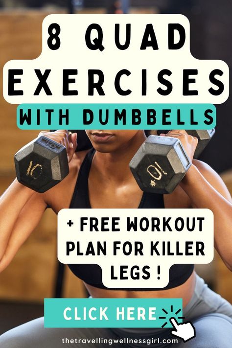 Pinterest pin showing a woman performing dumbbell leg workouts. Best Leg Workout For Women Gym, Legs Weight Workout, Dumbbell Workout Plan For Women, Quad Workout Women, Best Quad Exercises For Women, Leg Day Workout At Home For Women, Dumbbell Quad Workout, Leg Workouts With Dumbbells, Quad Exercises For Women