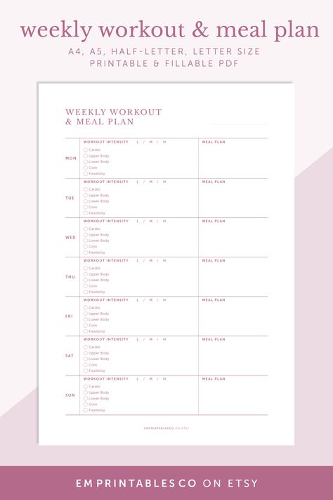 This printable weekly workout and meal planner is the perfect tool to help you stay on track with your fitness and nutrition goals. With separate sections for workout planning and meal planning, you can easily plan out your week and track your progress. Whether you're looking to lose weight, build muscle, or just improve your overall health, this planner can help you stay organized and focused on your goals. Workout Planning, Nutrition Planner, Nutrition Goals, Workout Meal Plan, Planner Fitness, Health Planner, Focus On Your Goals, Weekly Workout, Flexibility Workout