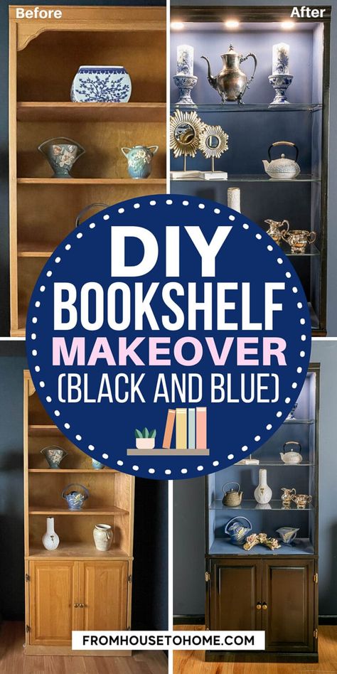 If you have a boring bookshelf that needs an update, this glam bookcase makeover may be just what you're looking for. With glossy black paint that looks like lacquer, glass shelves and shelf lighting, you won't believe the difference between the "before" and "after". Glam Bookcase, Painting Shelves Ideas, Diy Bookcase Makeover, Painted Bookcases, Blue Bookshelf, Blue Bookshelves, Painted Bookcase, Furniture Makeover Ideas, Blue Home Offices