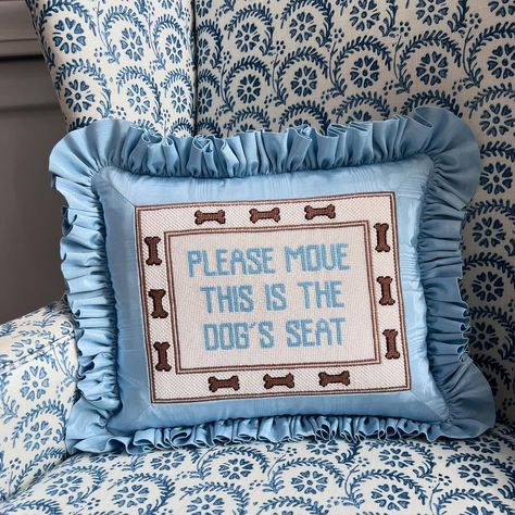 Lycette Needlepoint (@lycettedesigns) • Instagram photos and videos Needlepoint Pillow Finishing Ideas, Needlepoint Aesthetic, Needlepoint Finishing Ideas, Cheeky Needlepoint, Lycette Needlepoint, Fantasy Rooms, Needlepoint Pillow, Dog Seat, Needlepoint Designs