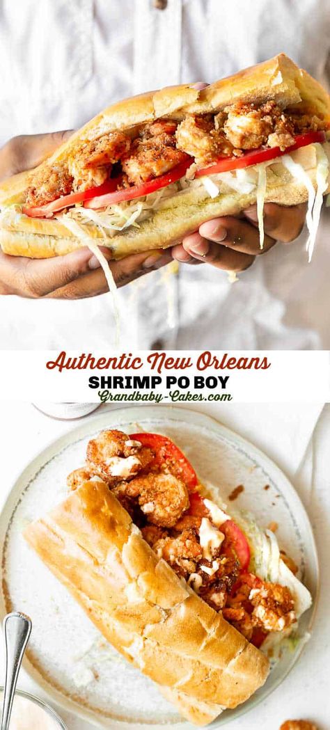 Popcorn Shrimp Poboy Sandwich, New Orleans Poboy Sandwich Recipe, Fried Shrimp Sandwich Recipes, Shrimp Po Boys Recipe, Crawfish Po Boy Sandwich, Grilled Shrimp Poboy Sandwich, Shrimp Poboys Recipe, What To Eat With Fried Shrimp, Blackened Shrimp Poboy Sandwich