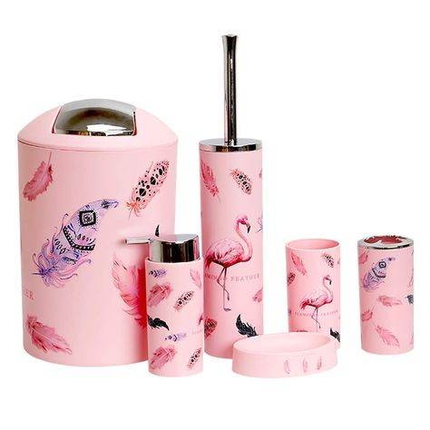 #Amazon: JOTOM 6-pc. Flamingo Feather Bathroom Accessories Set, Plastic - Toothbrush Holder, Cup, Soap Dish, Hand Sanitizer Bottle, Trash Can,Toilet Brush Plastic Pink Flamingos, Flamingo Feather, Flamingo Bathroom, Sanitizer Bottle, Flamingo Color, Bathroom Accessories Set, Flamingo Decor, Bathroom Accessories Sets, Flamingo Pattern