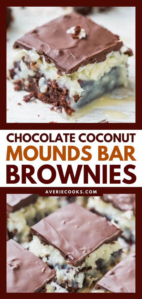 Mounds Bar Brownies (aka Chocolate Coconut Brownies!) - Averie Cooks Mounds Bars Recipe, Chocolate Coconut Brownies, Mounds Bars, Mounds Candy, Easy Impressive Dessert, Mounds Bar, Coconut Brownies, Averie Cooks, Brownie Desserts