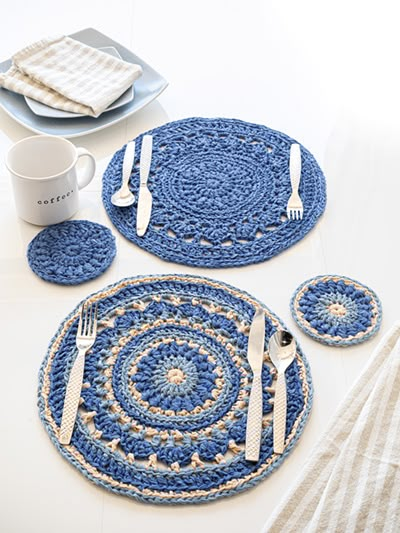 Creative Studio - French Country Mandala Placemat and Coaster Crochet Coaster Patterns, Coaster Patterns, Crochet Table Mat, Crochet Placemats, Crochet Coaster Pattern, Crochet Coaster, Crochet Kitchen, Crochet Home Decor, Stitch Crochet