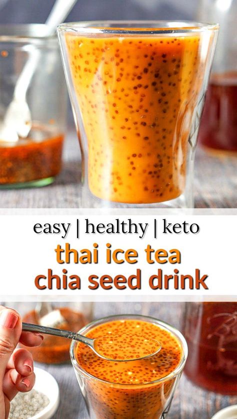 Low Carb Thai Tea Chia Seed Drink Recipe - easy chia drink with the flavor of Thai tea for a healthy drink or keto snack. #lowcarbrecipes #chiaseeds #chiadrink #chiaseeddrink #thaitea #coconutmilk #sugarfreedrink #ketodrink Thai Tea Chia Pudding, Keto Chia Seed Recipes, Rina Diet, Chia Seed Drink Recipes, Chia Drink, Family Drinks, Chia Puddings, Chia Recipes, Chia Seed Drinks