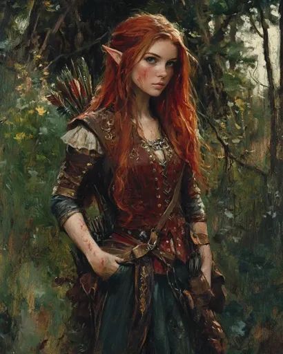 ↑↑↑ Larger size on website 🔸 The image depicts a female elf with long, flowing red hair. She wears a brown leather jerkin over a Red Hair Elf Female, Elves Aesthetic, Red Hair Elf, Leather Jerkin, Elven Archer, Quiver Of Arrows, Brown Hair Halloween Costumes, Sensory Classroom, Elf Hair