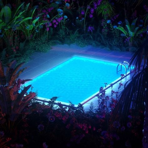 WWW.BLUNTACTION.ART Lights In Pool, Pool Aesthetic, Neon Summer, Dream Wave, Stencil Projects, Pool Rooms, Liminal Spaces, Vaporwave Aesthetic, Night Scenery