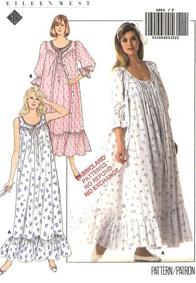 Butterick 4864; ©1987; Eileen West - Robe and Nightgown. Very loose fitting, flared robe or... Victorian Nightgown, Nightgown Pattern, Dresses By Pattern, Eileen West, Top Sewing, Vintage Nightgown, Butterick Pattern, Butterick Sewing Pattern, Retro Mode