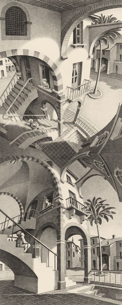 Up & Down, July 1947Lithograph, 503 x 205 mm (19 3/4 x 8 1/8'') Illusion Kunst, Art History Timeline, Escher Art, Art History Memes, Art History Major, Art History Lessons, M C Escher, Mc Escher, History Painting