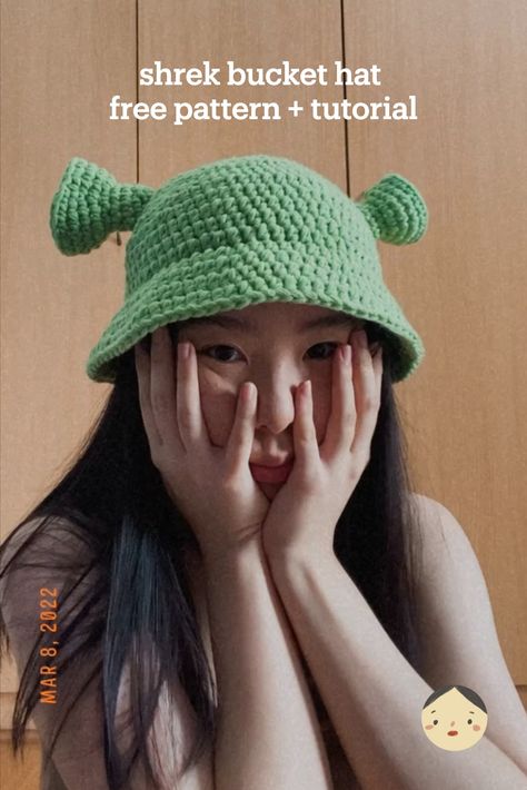 how to crochet a shrek bucket hat beginner friendly step by step tutorial easy halloween costume Shrek Crochet Hat Free Pattern, Shrek Beanie Crochet Pattern, Shrek Crochet Bucket Hat, Crochet Shrek Bucket Hat Pattern Free, Shrek Bucket Hat Crochet Pattern, Diy Crochet Halloween Costume, Cute Crochet Bucket Hat Ideas, Shrek Headphones Crochet, Easy Crochet Halloween Costumes