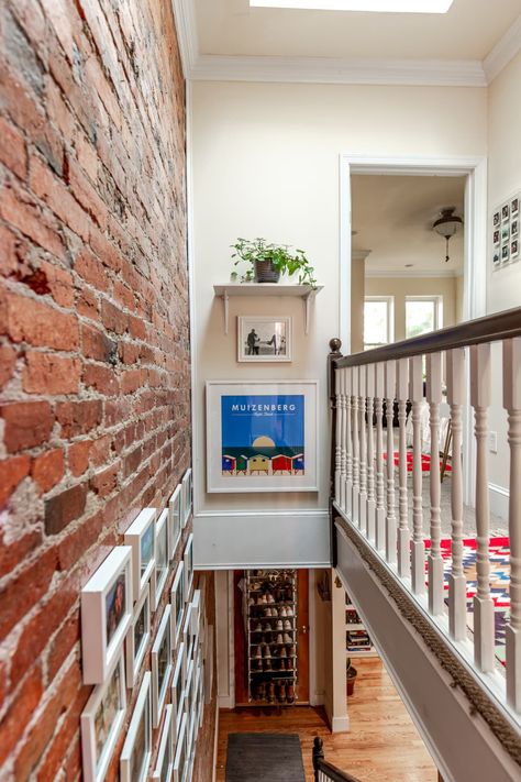 Wall Under Stairs Decor, Rowhouse Interiors, Rowhouse Kitchen, Modern Blue Living Room, Philly Row Home, Dark Homes, Baltimore House, Row House Design, Row Home