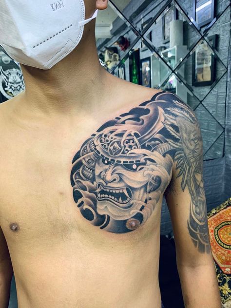 Japanese Half Chest Tattoo, ရင်ဘတ် Tattoo, Chinese Chest Tattoo, Japanese Chest Tattoo, Chest Tattoo Japanese, Chest Tattoo Wolf, Tengu Tattoo, Koi Tattoo Sleeve, Dragon Head Tattoo