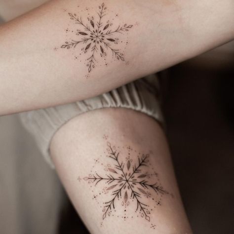 Winter And Summer Tattoo, Snowflake Compass Tattoo, Sun Snowflake Tattoo, Dainty Snowflake Tattoo, Subtle Christmas Tattoo, Ornamental Snowflake Tattoo, Fineline Snowflake Tattoo, Snow Flake Tattoo Woman, Snowflake Tattoo Men