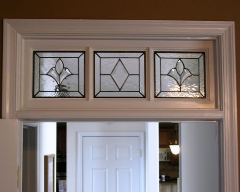 3 light raised grid transom features clear bevel diamond in center and flanked by clear bevel tulips. Kitchen Window Design, Bungalow Interiors, Leaded Glass Door, Diy Room Divider, Faux Window, Leaded Glass Windows, Stained Glass Door, Small Apartment Design, Custom Stained Glass