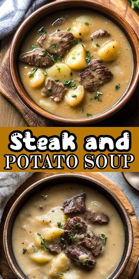 Stay cozy with this warm and satisfying Steak & Potato Soup! 🥄🔥 A creamy, meaty, and delicious meal everyone will love. 🌟🥔 #WinterWarmers #SoupLove #FamilyMeals 🍲 Steak Potato Soup, Classic Potato Soup Recipe, Classic Potato Soup, Steak Soup Recipes, Creamy Steak, Steak And Potato Soup, The Best Potato Soup, Potato Soup Recipes, Steak Soup