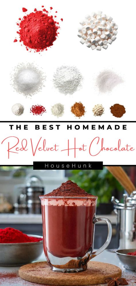 Dive into a world of decadence with our Red Velvet Hot Chocolate Mix! Rich cocoa infused with the flavors of red velvet cake, topped with marshmallows and white chocolate chips. Perfect for cozy nights in or holiday gatherings! Red Velvet Shake, Hot Chocolate With Cream, Red Wine Hot Chocolate, Red Velvet Hot Chocolate, Hot Cocoa Mix Recipe, Hot Chocolate Mix Recipe, Red Velvet Cake Mix, Hot Cocoa Recipe, Drink Inspiration