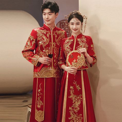 Lovers Phoenix Embroidery Cheongsam Chinese Style Wedding Dress Marriage Suit Bride Clothing Vintage Exquisite Sequin Qipao|Sets| - AliExpress Marriage Suit, Chinese Style Wedding Dress, Chinese Wedding Photos, Marriage Suits, Suit Bride, Phoenix Embroidery, Bride Clothing, Chinese Wedding Dress Traditional, Chinese Bride