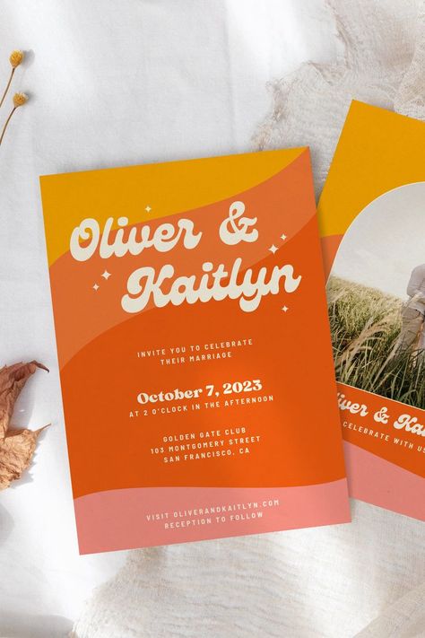 Groovy retro printable wedding invitation Sunset Invitation Design, Wedding Invitation Fun, Groovy Wedding Invitations, Save The Date Colorful, Retro Invitation Design, Retro Wedding Stationery, 70s Themed Wedding, Sunset Invitation, Retro Save The Date