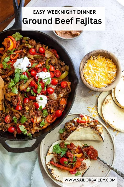 Ground Beef Fajitas  are a quick, easy, and satisfying variation on the classic. It's sure to become a family favorite. Ready in 20 minutes via @sailor_bailey Ground Beef Fajitas, Bailey Recipes, Beef Fajita Recipe, Beef Sausage Recipes, Sailor Bailey, Fajita Mix, Cozy Recipes, Fajita Vegetables, Beef Fajitas