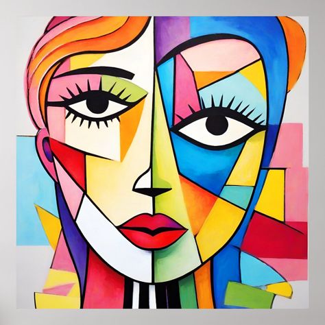 Colorful Abstract Face Cubism Poster | Zazzle Bauhaus Art Paintings Wassily Kandinsky, Cubism Face, Cubism Collage, Cubist Portraits, Picasso Cubism, Painting References, Cubism Art, Abstract Woman, Abstract Face Art