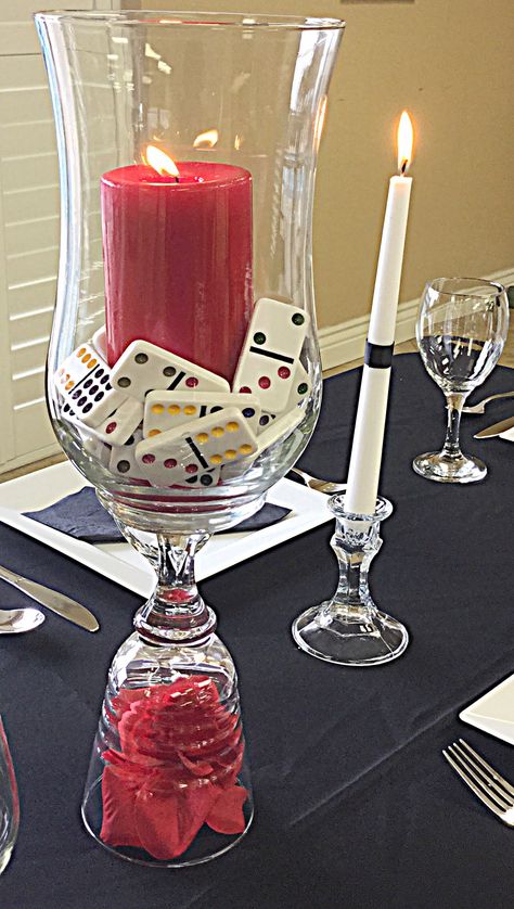 Dominoes Centerpiece @magnificatdesigns 561-460-7495 Dominos Party Decorations, Dominoes Centerpieces, Dominos Theme Party Birthday, Poker Chip Decorations, Domino Party Decorations, Domino Theme Party Ideas, Domino Theme Party Decoration, Domino Centerpiece, Domino Party Theme