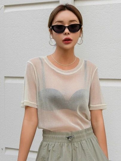 Sheer Top Streetwear, Sheer T Shirt, Sheer White Top Outfit, Sheer Layering Top, Mesh Top Under Shirt Outfit, White Mesh Top Outfit, Sheer Long Sleeve Top Outfit, Transparent Top Outfit, Transparent Shirt Outfit