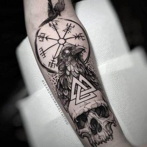 Arm Tattoo Viking, Satanic Tattoo Design, Tattoo Odin, Viking Rune Tattoo, Viking Warrior Tattoos, Scandinavian Tattoo, Left Arm Tattoos, Viking Tattoo Sleeve, Viking Tattoo Symbol