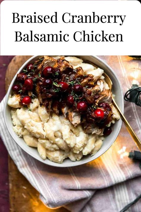 Braised Cranberry Balsamic Chicken is an easy, show-stopper dinner! Chicken breasts are seared until golden brown and nestled into an aromatic sauce of reduced balsamic vinegar, chicken stock, cranberries, and fresh herbs. They come out tender and juicy — loaded with flavor. Cranberry Chicken Breast, Herb Mashed Potatoes, White Cheddar Mac And Cheese, Reduced Balsamic Vinegar, Vinegar Chicken, Balsamic Vinegar Chicken, Cheddar Mac And Cheese, Cranberry Chicken, Dinner Chicken