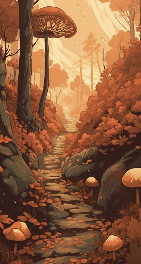 Fall Foliage Background, Fall Fantasy Wallpaper, Iphone Background Orange, Fall Animated Wallpaper, Autumn Wallpaper Drawing, Mushroom Phone Wallpaper Aesthetic, Goblincore Phone Wallpaper, Beige And Orange Aesthetic, Autumn Forest Art