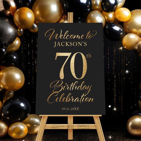 Celebrate birthdays in style with our modern posters! Elevate your space with unique designs that make the perfect gift. #birthdaydecor #modernart #posterart #giftideas #homedecor #wallart #celebration #birthdaygift #decorinspo #uniquegifts 60th Birthday Ideas For Mom Party, 70th Birthday Party Ideas For Mom, 70th Birthday Ideas For Mom, Gold Welcome Sign, 70th Birthday Parties Decorations, Black And Gold Party Decorations, 70th Birthday Decorations, Gold Party Decorations, Black Birthday