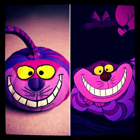 Just finished painting my pumpkin, an Alice in Wonderland inspired Cheshire Cat in honor of one of my favorite Disney movies. :) Cheshire Cat Pumpkin, Disney Pumpkin Painting, Pumkin Decoration, Character Pumpkins, Disney Pumpkin, Pumpkin Contest, Alice In Wonderland Inspired, Halloween Pumpkins Painted, Creative Pumpkins