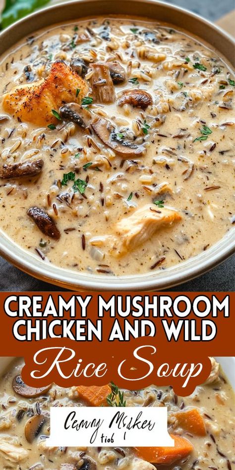 Indulge in the cozy flavors of this Creamy Mushroom Chicken and Wild Rice Soup—a perfect blend of hearty chicken, savory mushrooms, and wild rice! This comforting, one-pot recipe is easy to make and packed with wholesome ingredients. Ideal for chilly nights or meal prep, this dish will warm you up and satisfy your hunger. 👉 Try this simple, delicious recipe today and elevate your weeknight dinners! #SoupSeason #ComfortFood #ChickenSoup #CreamyMushroomSoup #WildRiceSoup #EasyDinner Mushroom Chicken Rice Soup, Creamy Chicken With Rice Soup, Hearty Supper Ideas, Creamy Mushroom Wild Rice Chicken Soup, Mushroom Chicken And Wild Rice Soup, Creamy Chicken Mushroom Wild Rice Soup, Creamy Chicken And Mushroom And Wild Rice Soup, Creamy Mushroom Rice Recipes, Chicken And Wild Mushroom Recipes