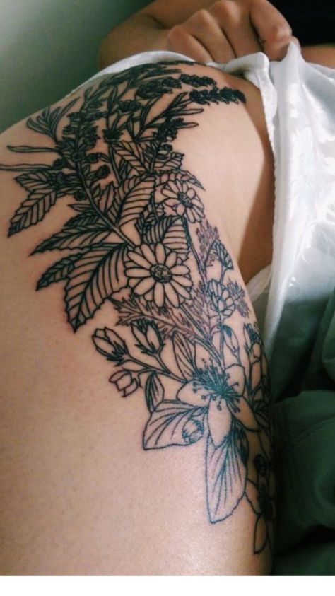 Like: small buds, flowers and fern like leaves to layer behind the peony and rose Fern Hip Tattoo, Thigh Tats, Creature Tattoo, Hip Tattoos, Hip Tattoo, Trendy Tattoos, Skin Art, Piercing Tattoo, First Tattoo