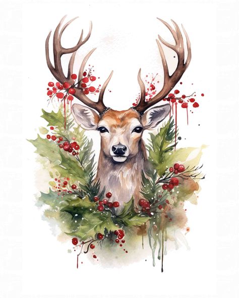 Cute Christmas Clipart, Deer With Antlers, Deer Fabric, Woodland Deer, Ideas Navidad, Soyut Sanat Tabloları, Christmas Illustrations, A Deer, Christmas Paintings