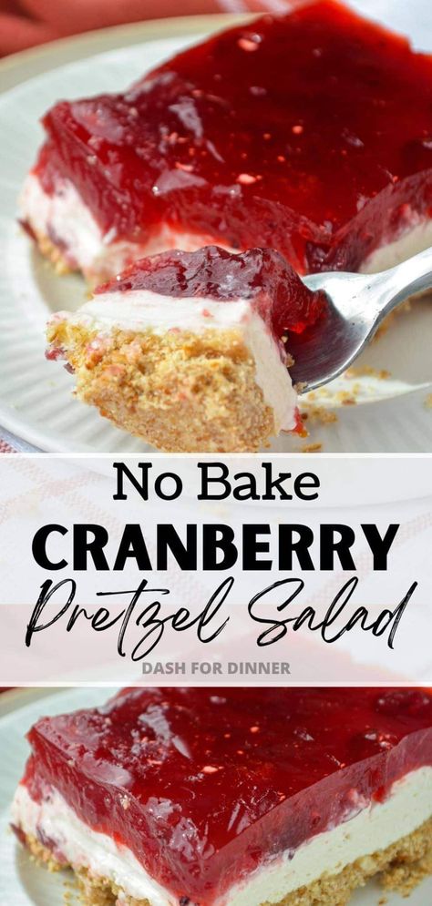 This easy recipe for Cranberry Pretzel Salad is the perfect no bake holiday dessert! Made with simple ingredients, this no bake layered dessert is perfect for serving for potlucks, thanksgiving, or Christmas themed events! Cranberry Layered Dessert, Pretzel Cranberry Salad, Cranberry Jello Pretzel Dessert, Christmas Dessert Salads, Cranberry Pretzel Jello Salad, Cranberry Pretzel Dessert, Cranberry Cream Cheese Dessert, Cranberry Pretzel Salad, Cranberry Desserts Easy